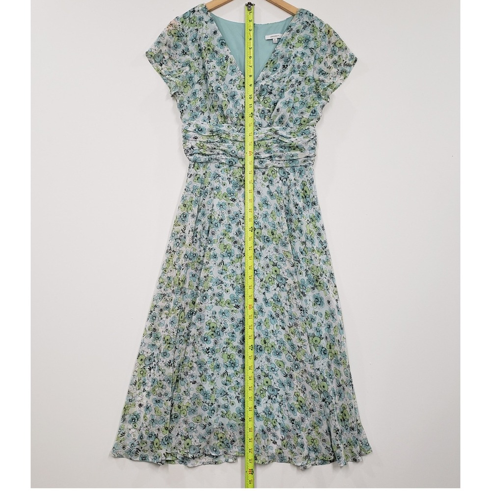 Dressbarn Floral Faux Wrap Midi Dress Size 10 Green Blue Ruched Chiffon Cottage - Picture 5 of 8